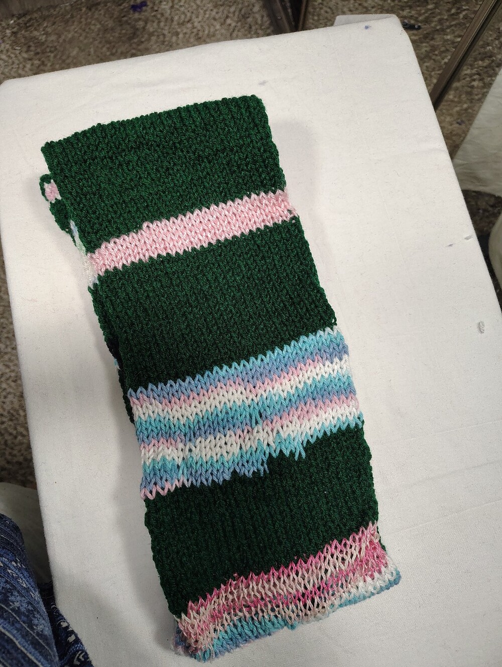 Kids Knit Scarf in Dark Green with Pastel Stripes